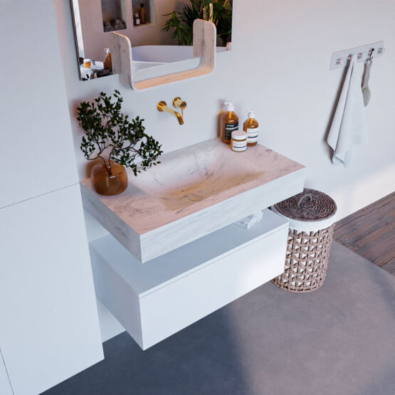 MONDIAZ ALAN-DLUX 80cm mueble de baño Talc 1 cajón. Lavabo CLOUD Centro sin orificios color Opalo.