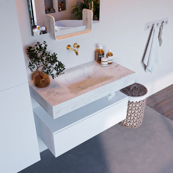 MONDIAZ ALAN-DLUX 90cm mueble de baño Talc 1 cajón. Lavabo CLOUD Centro sin orificios color Opalo.