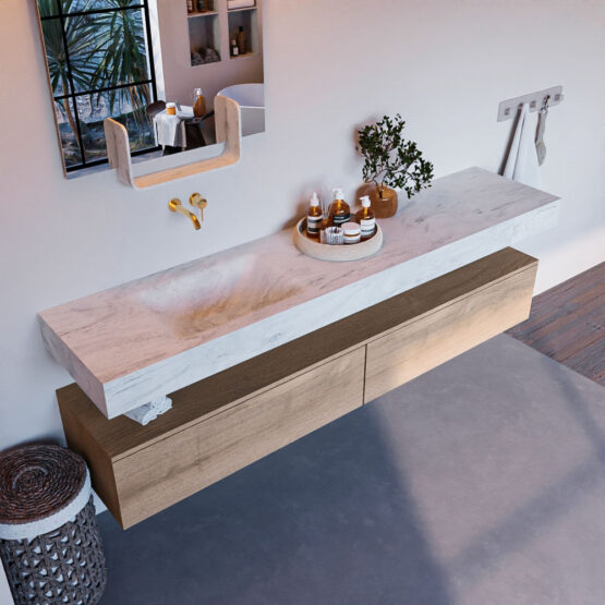 MONDIAZ ALAN-DLUX 200cm mueble de baño Washed Oak 2 cajones. Lavabo CLOUD Izquierda sin orificios color Opalo.