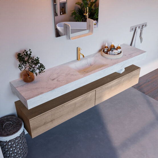 MONDIAZ ALAN-DLUX 200cm mueble de baño Washed Oak 2 cajones. Lavabo CLOUD Centro 1 orificio color Opalo.