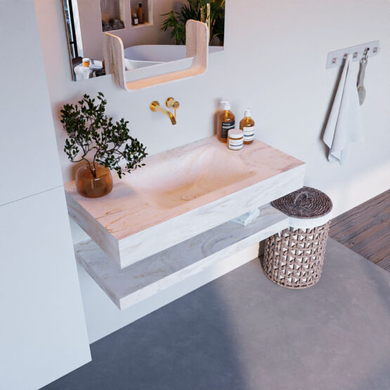 MONDIAZ ALAN-DLUX 90cm estante Ostra. Lavabo suspendido CLOUD Centro sin orificio color Ostra.