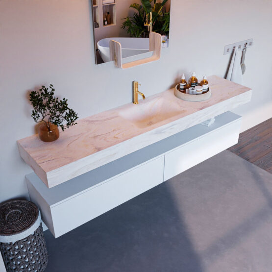 MONDIAZ ALAN-DLUX 200cm mueble de baño Talc 2 cajones. Lavabo CLOUD Centro 1 orificio color Ostra.