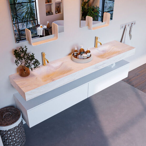 MONDIAZ ALAN-DLUX 200cm mueble de baño Talc 2 cajones. Lavabo CLOUD Doble 2 orificios color Ostra.