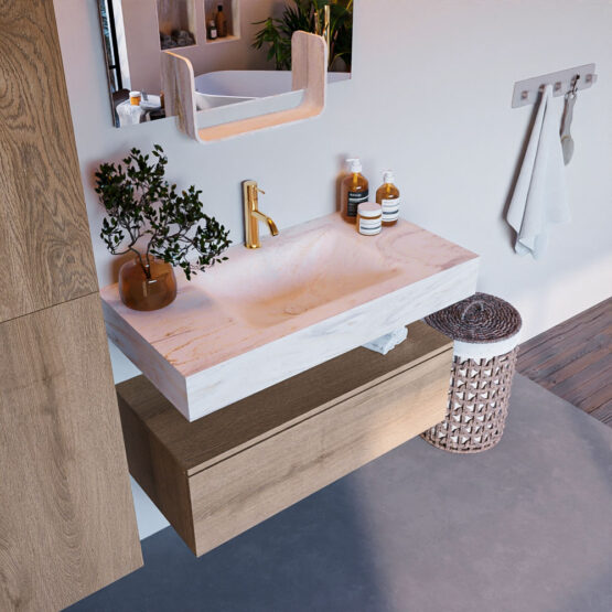 MONDIAZ ALAN-DLUX 90cm mueble de baño Washed Oak 1 cajón. Lavabo CLOUD Centro 1 orificio color Ostra.