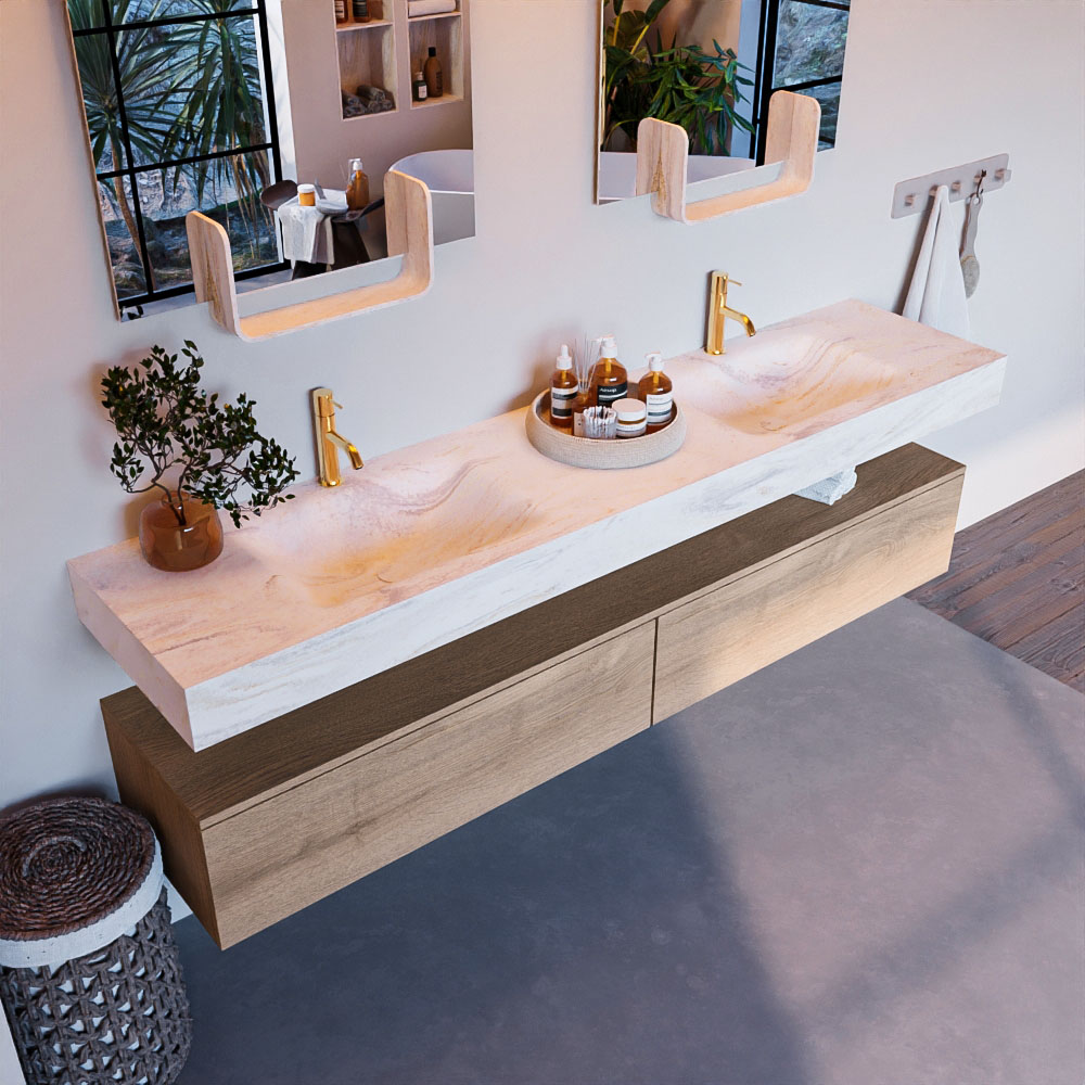MONDIAZ ALAN-DLUX 200cm mueble de baño Washed Oak 2 cajones. Lavabo CLOUD Doble 2 orificios color Ostra. 1 MONDIAZ ALAN-DLUX 200cm mueble de baño Washed Oak 2 cajones. Lavabo CLOUD Doble 2 orificios color Ostra.