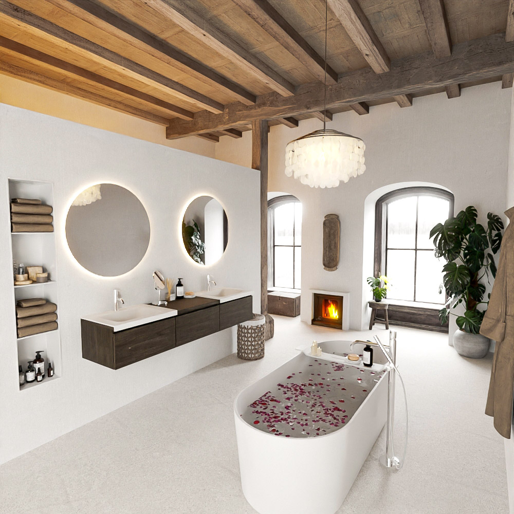 MONDIAZ BUKLA 180cm mueble de baño con módulo 60 Dark Brown 3 cajones. Lavabo CLOUD duble 1 orificio color Talc 2 MONDIAZ BUKLA 180cm mueble de baño con módulo 60 Dark Brown 3 cajones. Lavabo CLOUD duble 1 orificio color Talc - Imagen 2