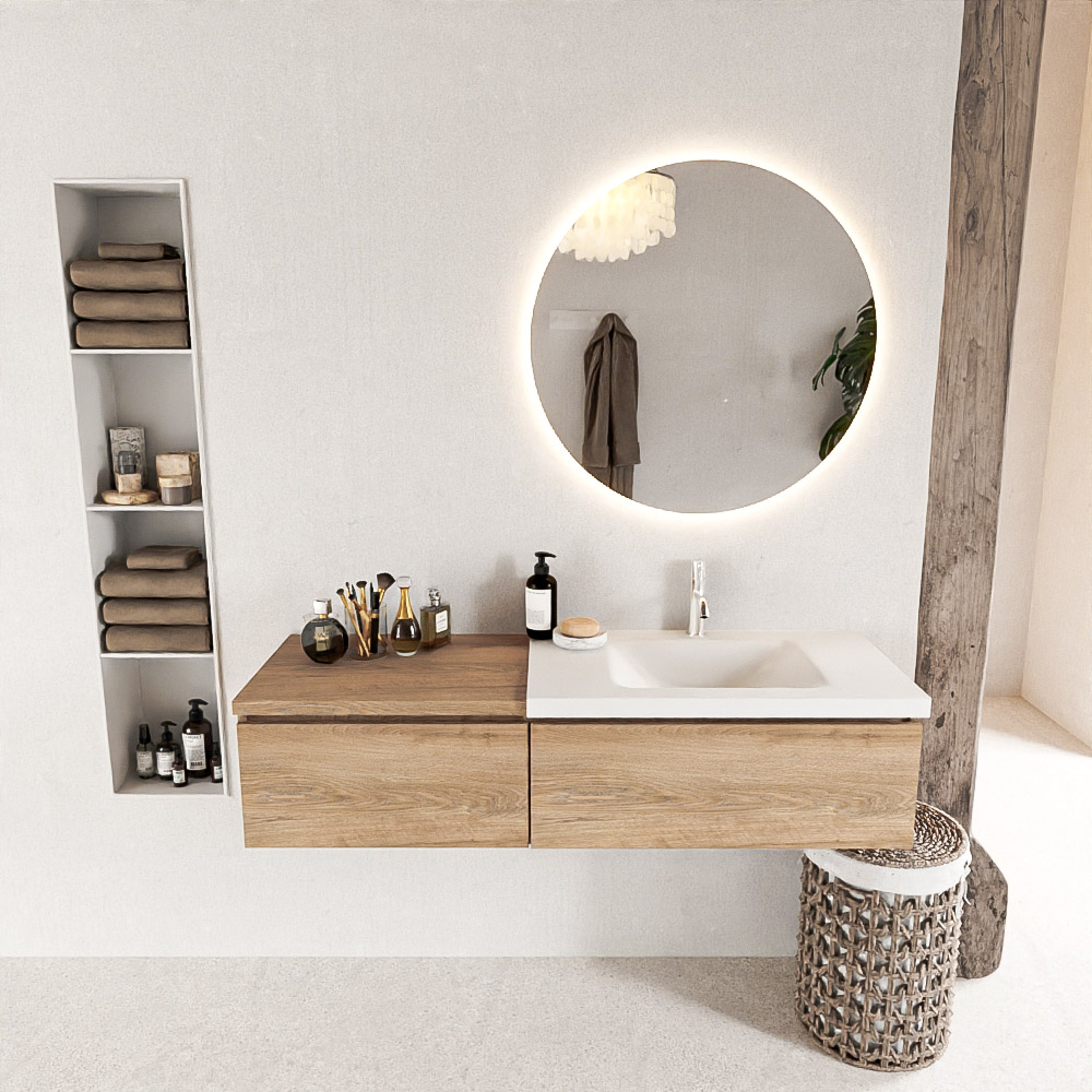 MONDIAZ BUKLA 140cm mueble de baño con módulo 60 Washed Oak 2 cajones. Lavabo CLOUD derecho 1 orificio color Talc 3 MONDIAZ BUKLA 140cm mueble de baño con módulo 60 Washed Oak 2 cajones. Lavabo CLOUD derecho 1 orificio color Talc - Imagen 3