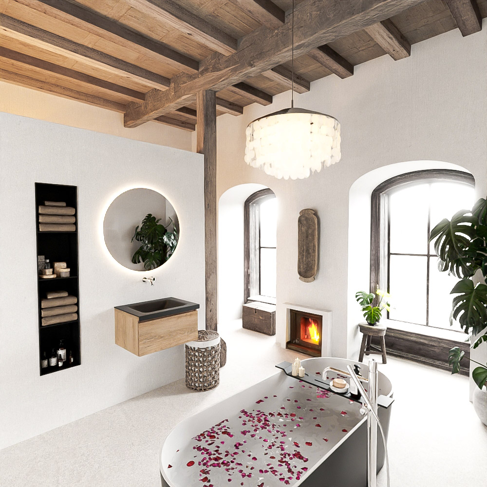 MONDIAZ BUKLA 60cm mueble de baño Washed Oak 1 cajón. Lavabo CLOUD centro sin orificios color Urban 2 MONDIAZ BUKLA 60cm mueble de baño Washed Oak 1 cajón. Lavabo CLOUD centro sin orificios color Urban - Imagen 2
