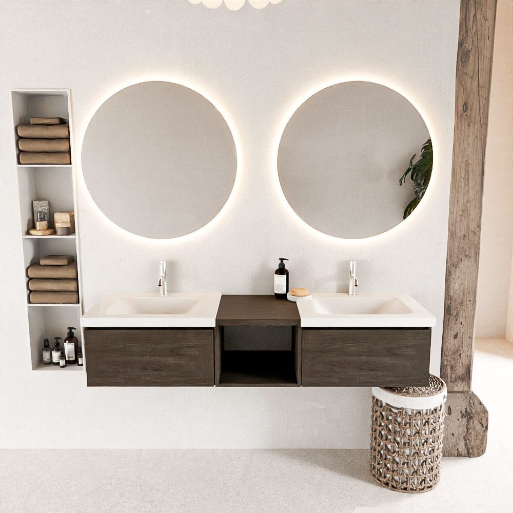 MONDIAZ BUKLA 160cm mueble de baño con módulo abierto 40 Dark Brown 2 cajones. Lavabo CLOUD duble 2 orificios color Talc 3 MONDIAZ BUKLA 160cm mueble de baño con módulo abierto 40 Dark Brown 2 cajones. Lavabo CLOUD duble 2 orificios color Talc - Imagen 3