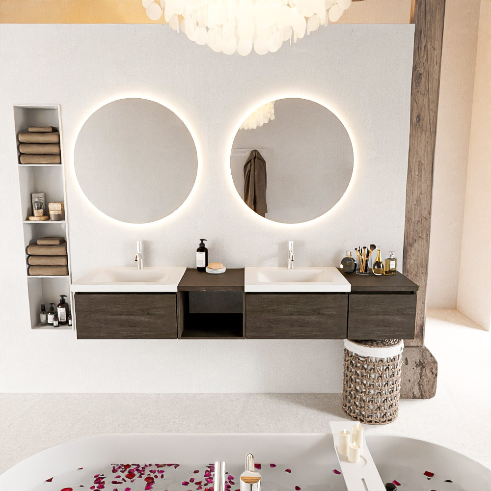 MONDIAZ BUKLA 200cm mueble de baño con módulo abierto 40 izquierda Dark Brown 3 cajones. Lavabo CLOUD duble 2 orificios color Talc 3 MONDIAZ BUKLA 200cm mueble de baño con módulo abierto 40 izquierda Dark Brown 3 cajones. Lavabo CLOUD duble 2 orificios color Talc - Imagen 3