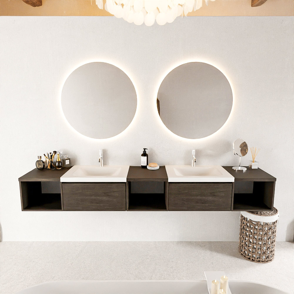 MONDIAZ BUKLA 240cm mueble de baño con módulo abierto 40 izquierda + centro + derecho Dark Brown 2 cajones. Lavabo CLOUD duble 2 orificios color Talc 3 MONDIAZ BUKLA 240cm mueble de baño con módulo abierto 40 izquierda + centro + derecho Dark Brown 2 cajones. Lavabo CLOUD duble 2 orificios color Talc - Imagen 3