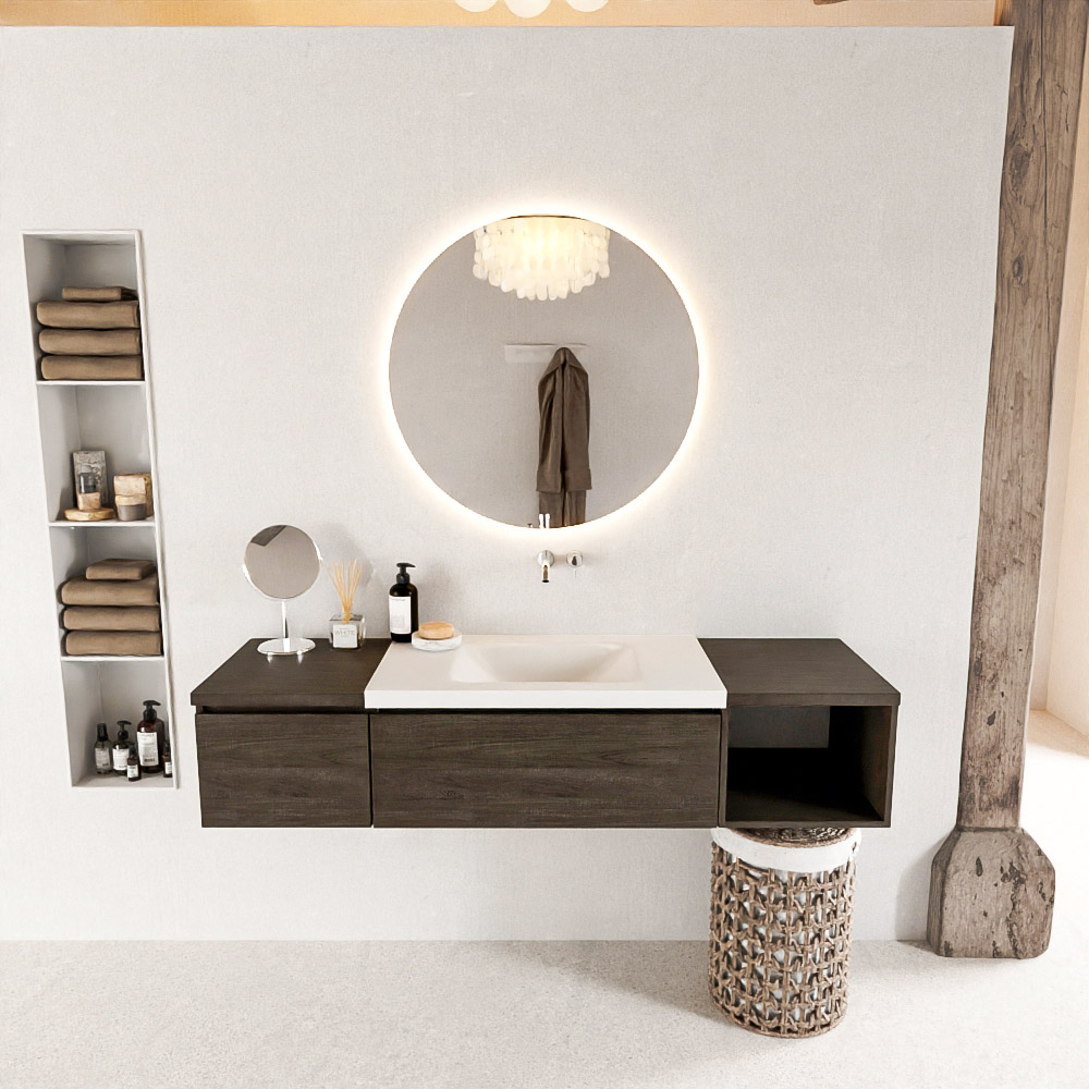 MONDIAZ BUKLA 160cm mueble de baño con módulo abierto 40 derecho Dark Brown 2 cajones. Lavabo CLOUD centro sin orificios color Talc 3 MONDIAZ BUKLA 160cm mueble de baño con módulo abierto 40 derecho Dark Brown 2 cajones. Lavabo CLOUD centro sin orificios color Talc - Imagen 3