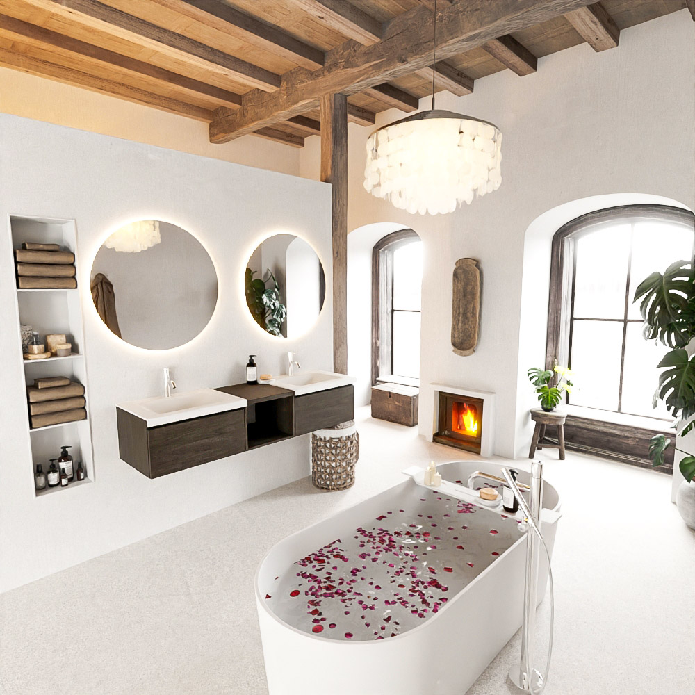 MONDIAZ BUKLA 160cm mueble de baño con módulo abierto 40 Dark Brown 2 cajones. Lavabo CLOUD duble 2 orificios color Talc 2 MONDIAZ BUKLA 160cm mueble de baño con módulo abierto 40 Dark Brown 2 cajones. Lavabo CLOUD duble 2 orificios color Talc - Imagen 2