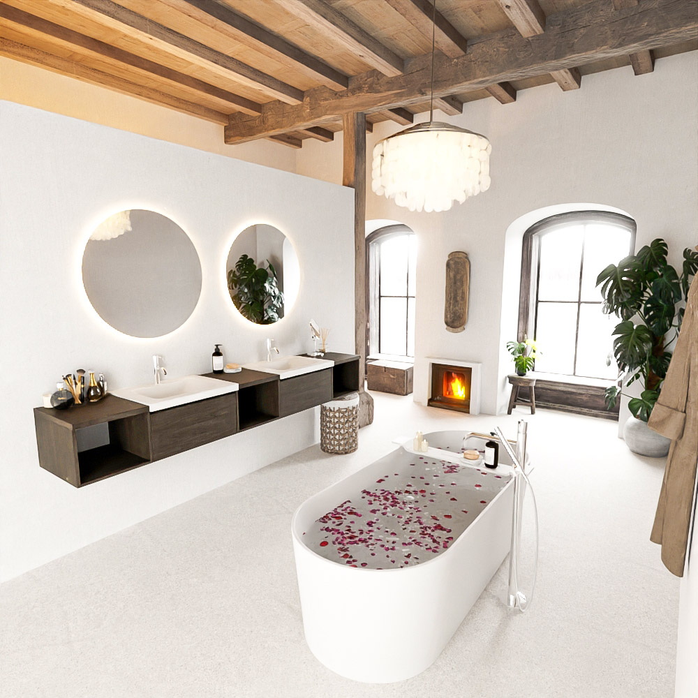 MONDIAZ BUKLA 240cm mueble de baño con módulo abierto 40 izquierda + centro + derecho Dark Brown 2 cajones. Lavabo CLOUD duble 2 orificios color Talc 2 MONDIAZ BUKLA 240cm mueble de baño con módulo abierto 40 izquierda + centro + derecho Dark Brown 2 cajones. Lavabo CLOUD duble 2 orificios color Talc - Imagen 2