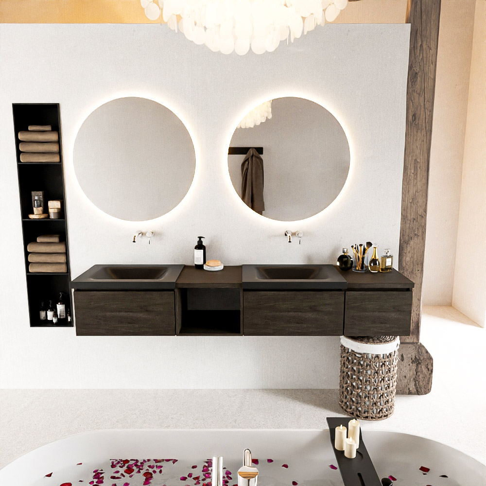 MONDIAZ BUKLA 200cm mueble de baño con módulo abierto 40 izquierda Dark Brown 3 cajones. Lavabo CLOUD duble sin orificios color Urban 3 MONDIAZ BUKLA 200cm mueble de baño con módulo abierto 40 izquierda Dark Brown 3 cajones. Lavabo CLOUD duble sin orificios color Urban - Imagen 3