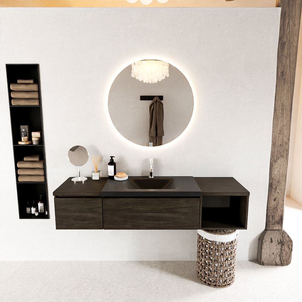 MONDIAZ BUKLA 160cm mueble de baño con módulo abierto 40 derecho Dark Brown 2 cajones. Lavabo CLOUD centro 1 orificio color Urban 3 MONDIAZ BUKLA 160cm mueble de baño con módulo abierto 40 derecho Dark Brown 2 cajones. Lavabo CLOUD centro 1 orificio color Urban - Imagen 3