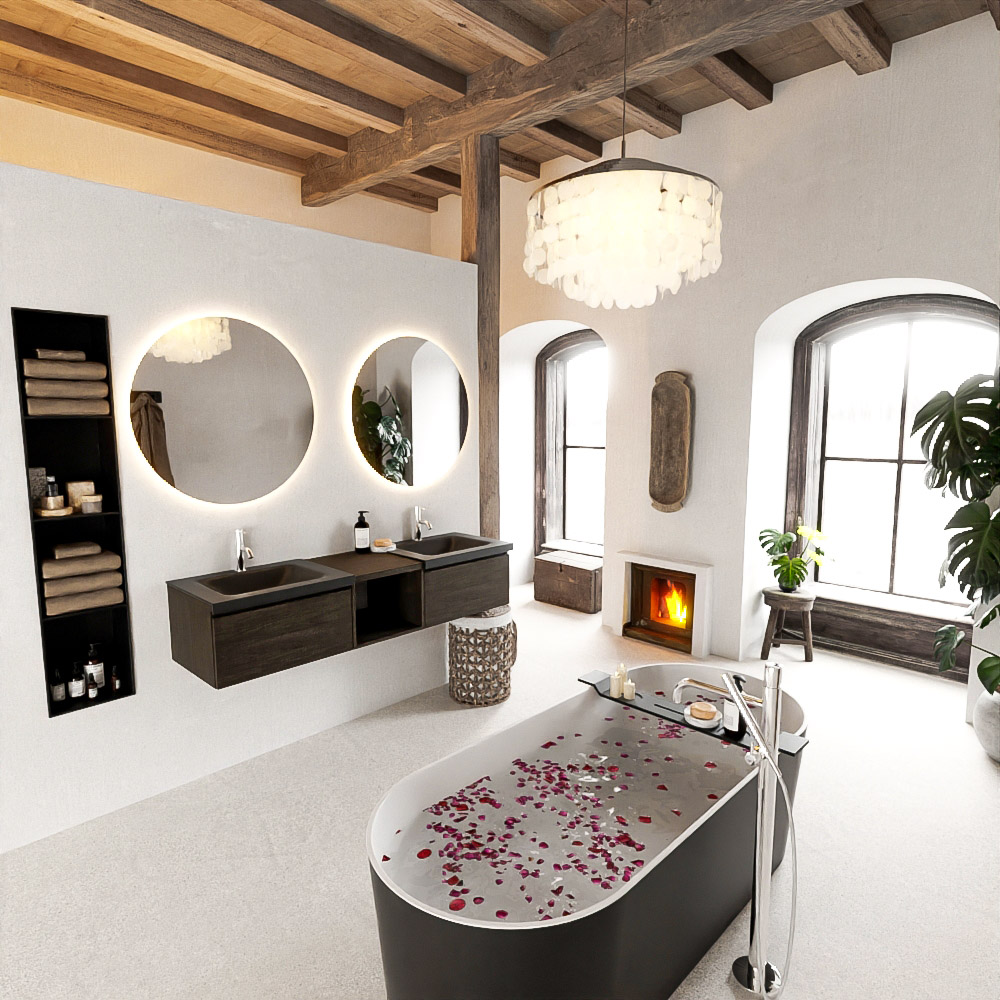MONDIAZ BUKLA 160cm mueble de baño con módulo abierto 40 Dark Brown 2 cajones. Lavabo CLOUD duble 2 orificios color Urban 2 MONDIAZ BUKLA 160cm mueble de baño con módulo abierto 40 Dark Brown 2 cajones. Lavabo CLOUD duble 2 orificios color Urban - Imagen 2