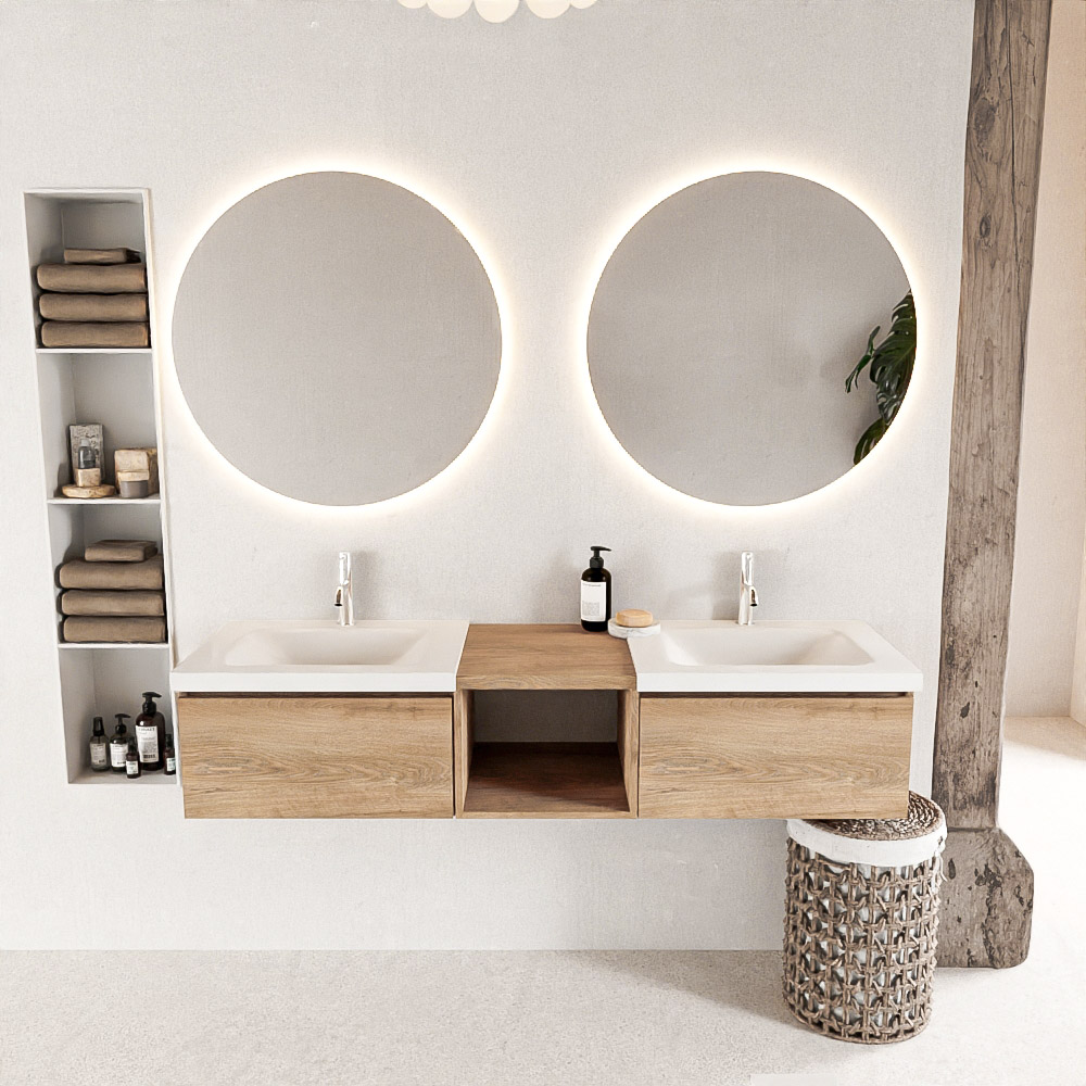 MONDIAZ BUKLA 160cm mueble de baño con módulo abierto 40 Washed Oak 2 cajones. Lavabo CLOUD duble 2 orificios color Talc 3 MONDIAZ BUKLA 160cm mueble de baño con módulo abierto 40 Washed Oak 2 cajones. Lavabo CLOUD duble 2 orificios color Talc - Imagen 3