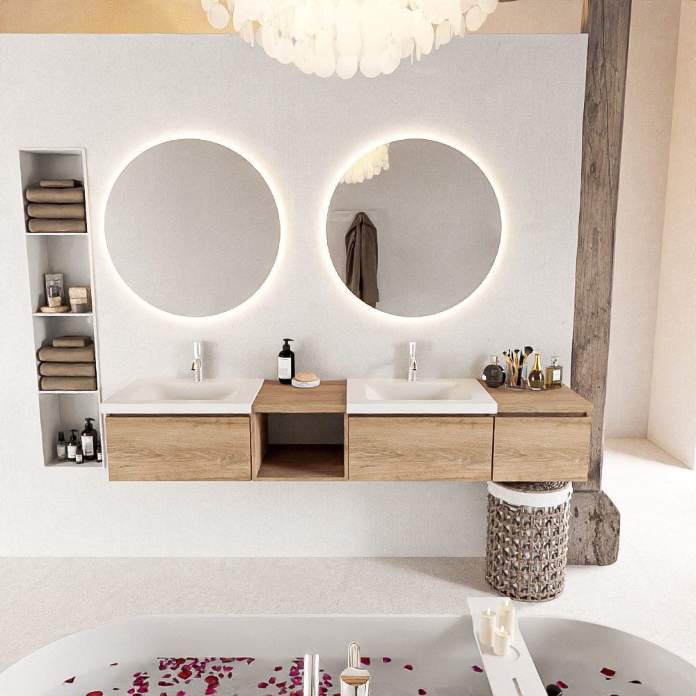 MONDIAZ BUKLA 200cm mueble de baño con módulo abierto 40 izquierda Washed Oak 3 cajones. Lavabo CLOUD duble 2 orificios color Talc 3 MONDIAZ BUKLA 200cm mueble de baño con módulo abierto 40 izquierda Washed Oak 3 cajones. Lavabo CLOUD duble 2 orificios color Talc - Imagen 3