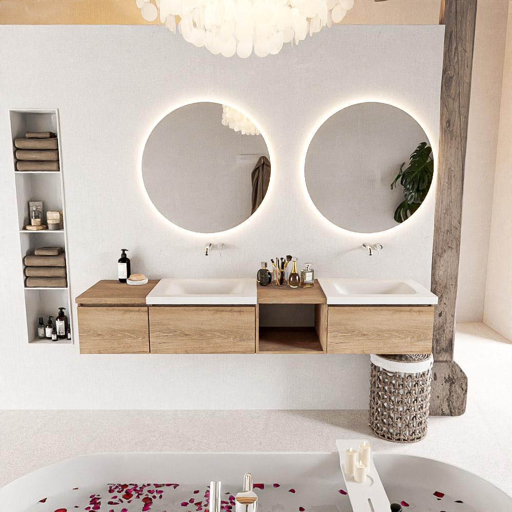 MONDIAZ BUKLA 200cm mueble de baño con módulo abierto 40 derecho Washed Oak 3 cajones. Lavabo CLOUD duble sin orificios color Talc 3 MONDIAZ BUKLA 200cm mueble de baño con módulo abierto 40 derecho Washed Oak 3 cajones. Lavabo CLOUD duble sin orificios color Talc - Imagen 3