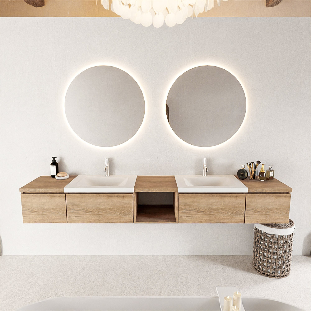 MONDIAZ BUKLA 240cm mueble de baño con módulo abierto 40 centro Washed Oak 4 cajones. Lavabo CLOUD duble 2 orificios color Talc 3 MONDIAZ BUKLA 240cm mueble de baño con módulo abierto 40 centro Washed Oak 4 cajones. Lavabo CLOUD duble 2 orificios color Talc - Imagen 3