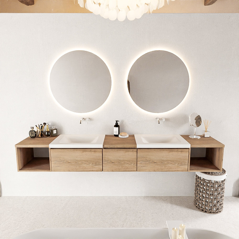 MONDIAZ BUKLA 240cm mueble de baño con módulo abierto 40 izquierda + derecho Washed Oak 3 cajones. Lavabo CLOUD duble sin orificios color Talc 3 MONDIAZ BUKLA 240cm mueble de baño con módulo abierto 40 izquierda + derecho Washed Oak 3 cajones. Lavabo CLOUD duble sin orificios color Talc - Imagen 3