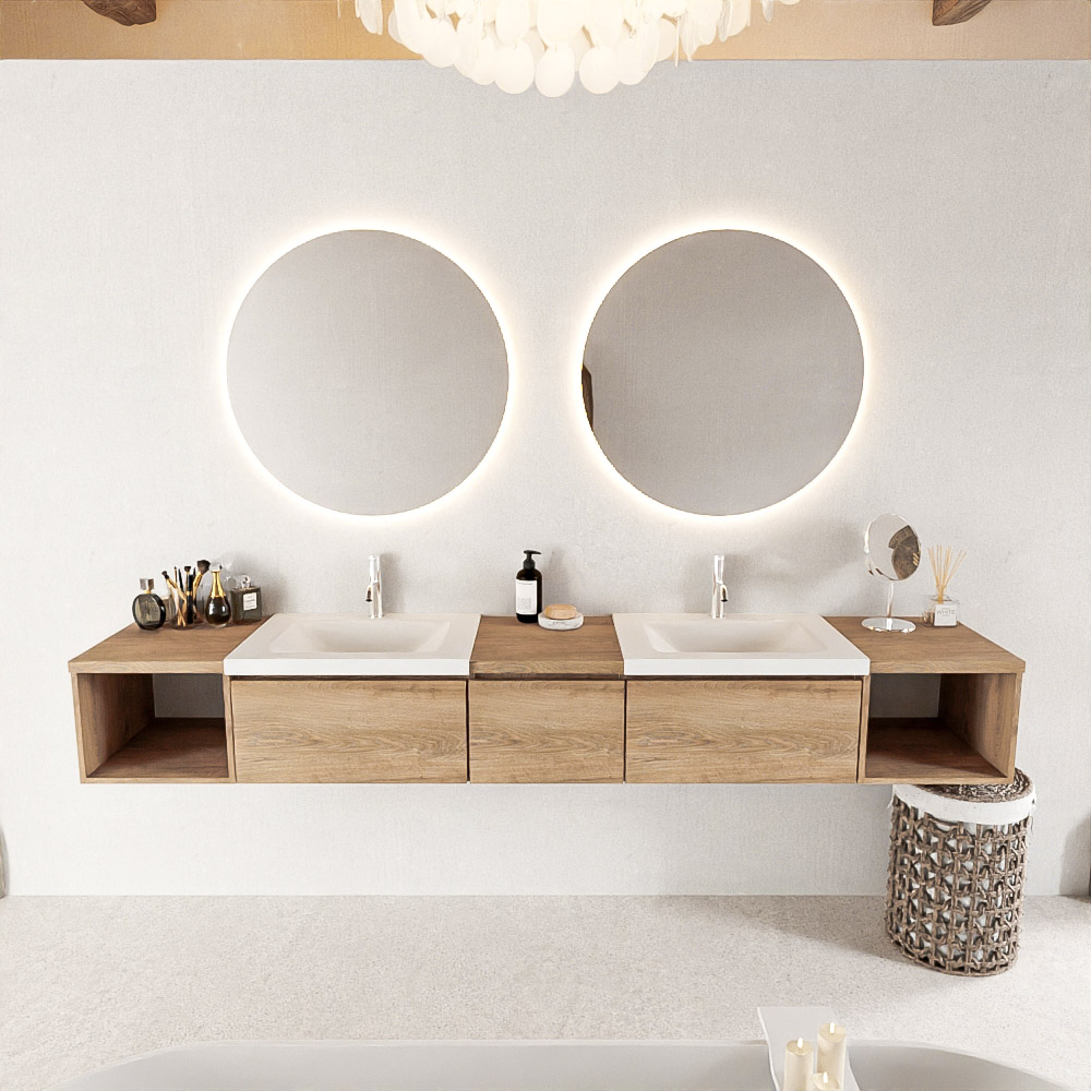 MONDIAZ BUKLA 240cm mueble de baño con módulo abierto 40 izquierda + derecho Washed Oak 3 cajones. Lavabo CLOUD duble 2 orificios color Talc 3 MONDIAZ BUKLA 240cm mueble de baño con módulo abierto 40 izquierda + derecho Washed Oak 3 cajones. Lavabo CLOUD duble 2 orificios color Talc - Imagen 3