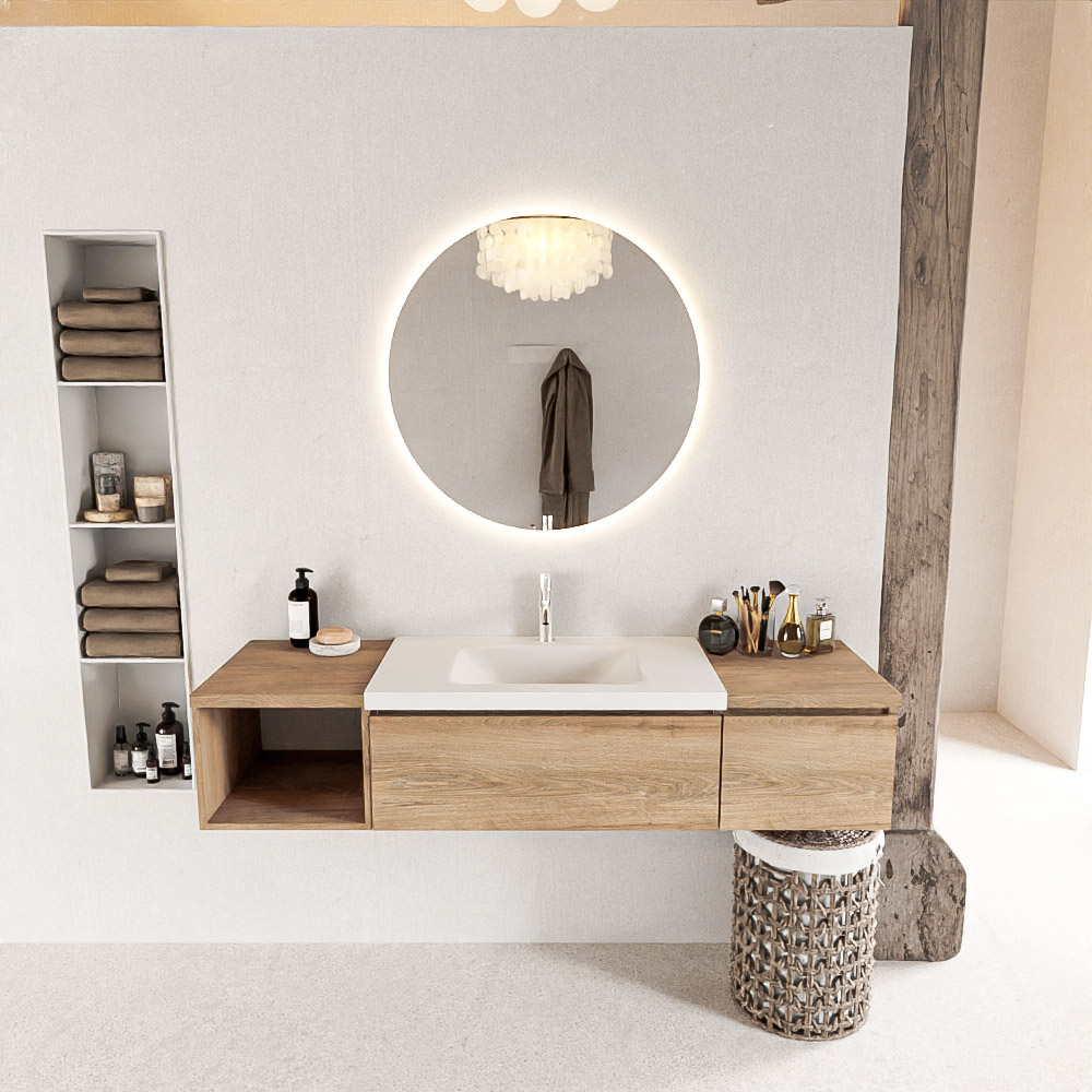 MONDIAZ BUKLA 160cm mueble de baño con módulo abierto 40 izquierda Washed Oak 2 cajones. Lavabo CLOUD centro 1 orificio color Talc 3 MONDIAZ BUKLA 160cm mueble de baño con módulo abierto 40 izquierda Washed Oak 2 cajones. Lavabo CLOUD centro 1 orificio color Talc - Imagen 3