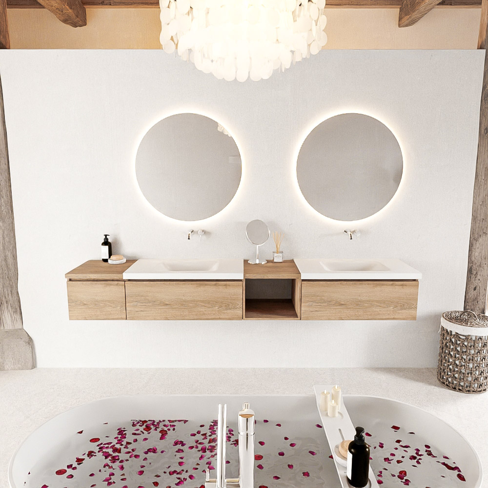 MONDIAZ BUKLA 240cm mueble de baño con módulo abierto 40 derecho Washed Oak 3 cajones. Lavabo CLOUD duble sin orificios color Talc 3 MONDIAZ BUKLA 240cm mueble de baño con módulo abierto 40 derecho Washed Oak 3 cajones. Lavabo CLOUD duble sin orificios color Talc - Imagen 3