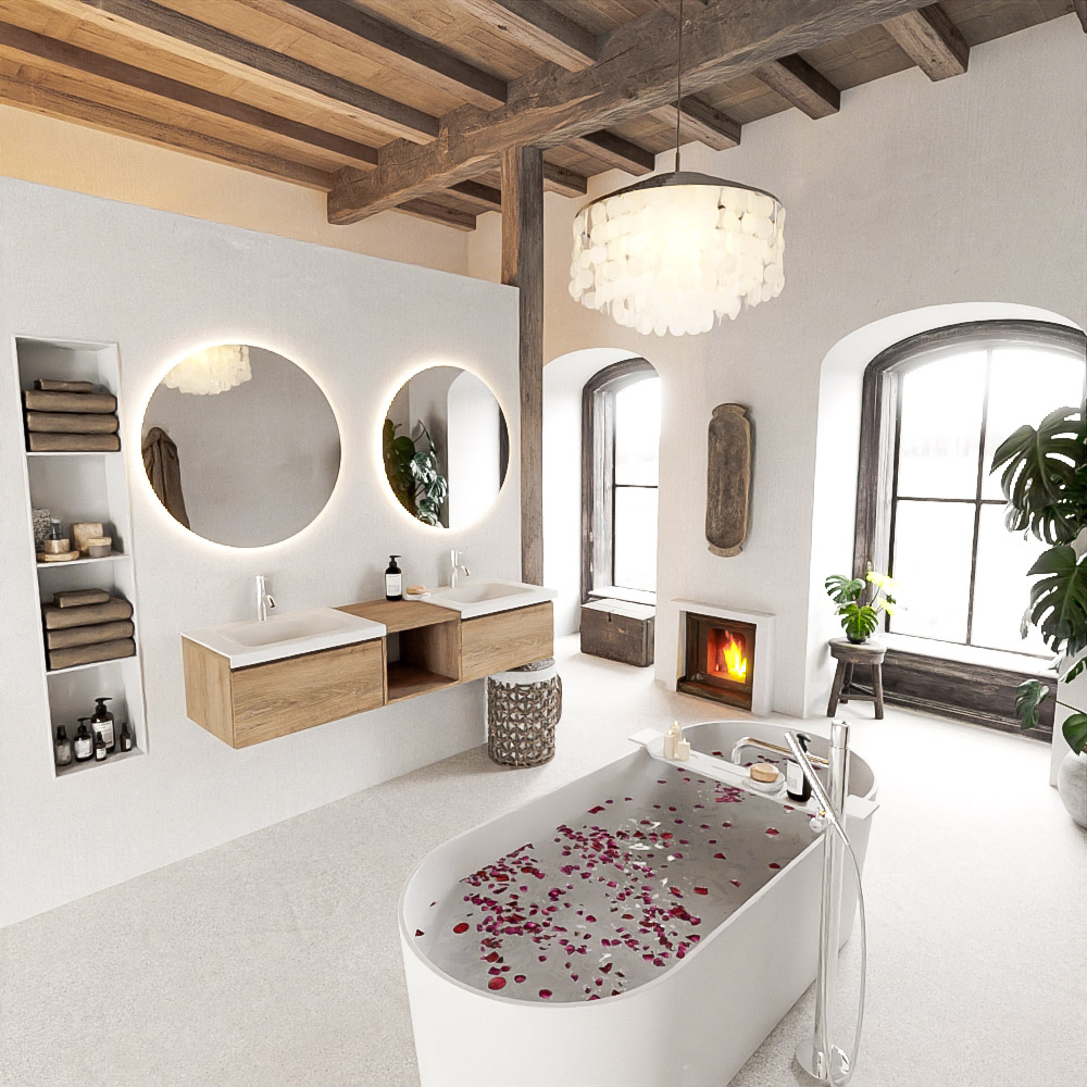 MONDIAZ BUKLA 160cm mueble de baño con módulo abierto 40 Washed Oak 2 cajones. Lavabo CLOUD duble 2 orificios color Talc 2 MONDIAZ BUKLA 160cm mueble de baño con módulo abierto 40 Washed Oak 2 cajones. Lavabo CLOUD duble 2 orificios color Talc - Imagen 2