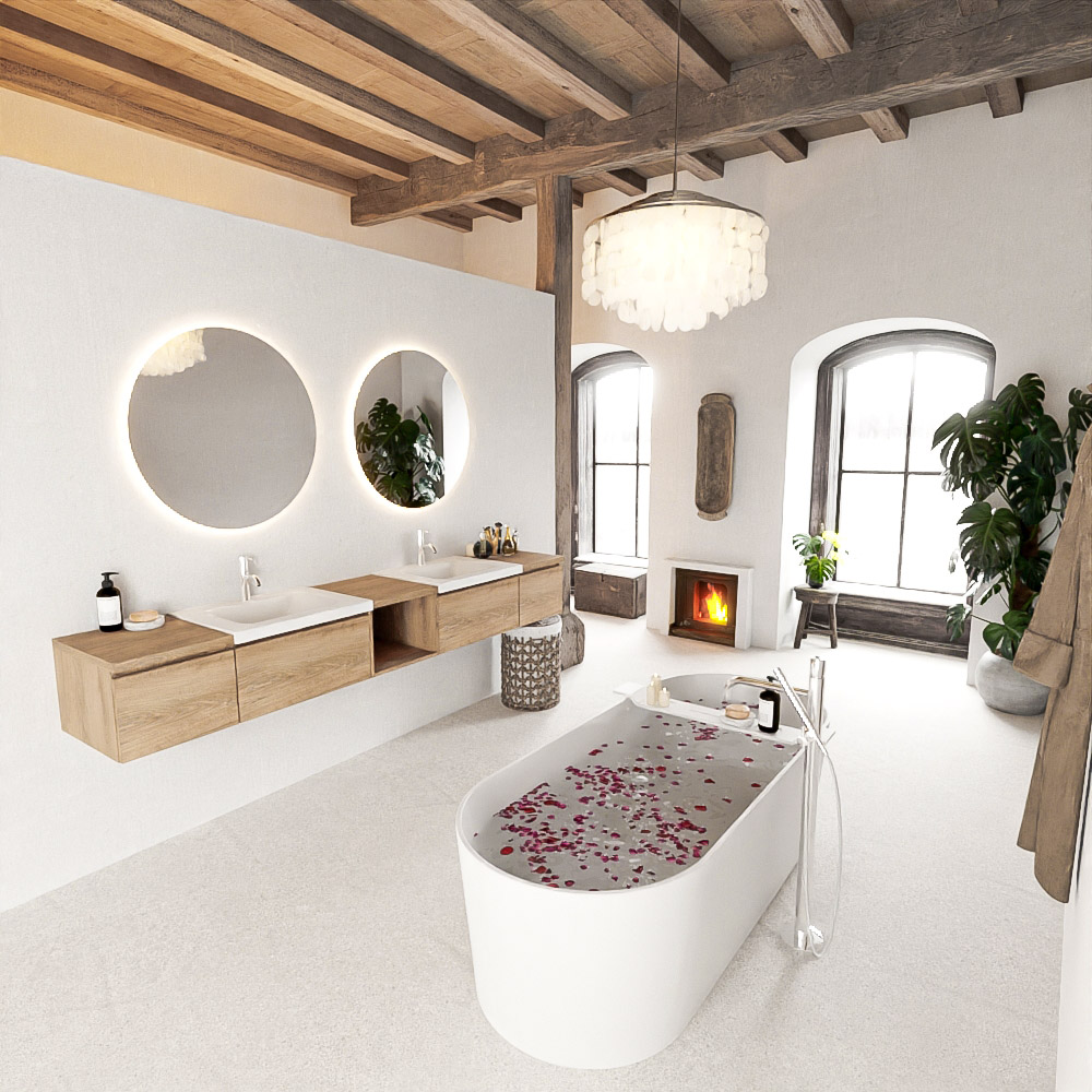 MONDIAZ BUKLA 240cm mueble de baño con módulo abierto 40 centro Washed Oak 4 cajones. Lavabo CLOUD duble 2 orificios color Talc 2 MONDIAZ BUKLA 240cm mueble de baño con módulo abierto 40 centro Washed Oak 4 cajones. Lavabo CLOUD duble 2 orificios color Talc - Imagen 2