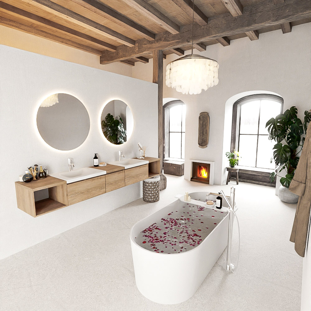 MONDIAZ BUKLA 240cm mueble de baño con módulo abierto 40 izquierda + derecho Washed Oak 3 cajones. Lavabo CLOUD duble 2 orificios color Talc 2 MONDIAZ BUKLA 240cm mueble de baño con módulo abierto 40 izquierda + derecho Washed Oak 3 cajones. Lavabo CLOUD duble 2 orificios color Talc - Imagen 2