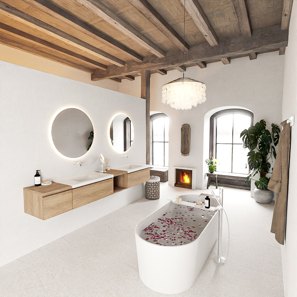MONDIAZ BUKLA 240cm mueble de baño con módulo abierto 40 derecho Washed Oak 3 cajones. Lavabo CLOUD duble sin orificios color Talc 2 MONDIAZ BUKLA 240cm mueble de baño con módulo abierto 40 derecho Washed Oak 3 cajones. Lavabo CLOUD duble sin orificios color Talc - Imagen 2