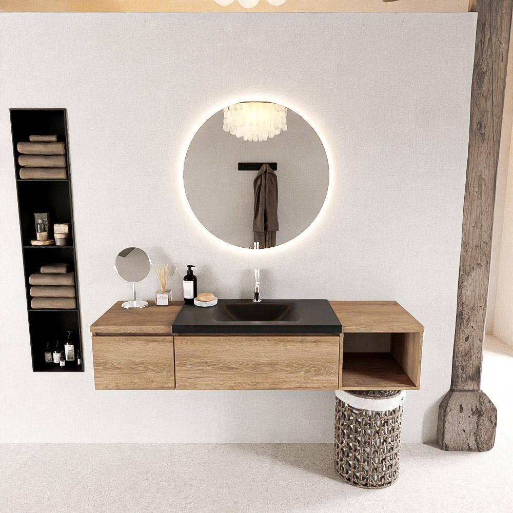 MONDIAZ BUKLA 160cm mueble de baño con módulo abierto 40 derecho Washed Oak 2 cajones. Lavabo CLOUD centro 1 orificio color Urban 3 MONDIAZ BUKLA 160cm mueble de baño con módulo abierto 40 derecho Washed Oak 2 cajones. Lavabo CLOUD centro 1 orificio color Urban - Imagen 3