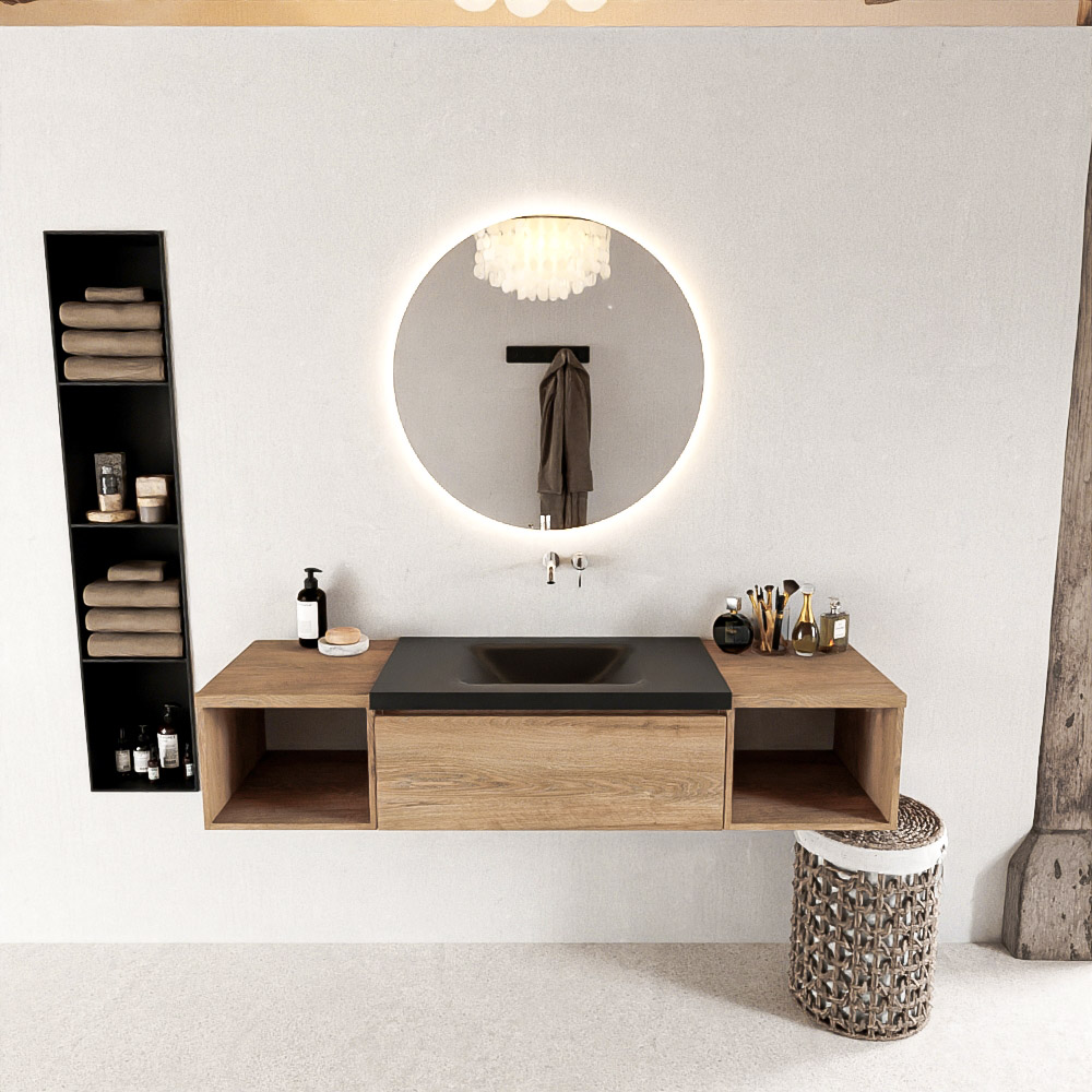 MONDIAZ BUKLA 160cm mueble de baño con módulo abierto 40 izquierda + derecho Washed Oak 1 cajón. Lavabo CLOUD centro sin orificios color Urban 3 MONDIAZ BUKLA 160cm mueble de baño con módulo abierto 40 izquierda + derecho Washed Oak 1 cajón. Lavabo CLOUD centro sin orificios color Urban - Imagen 3