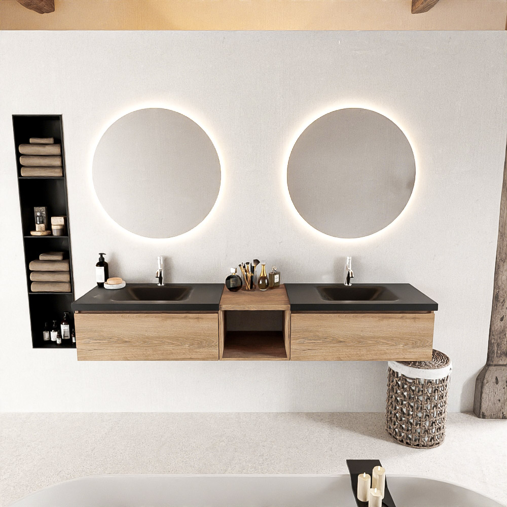 MONDIAZ BUKLA 200cm mueble de baño con módulo abierto 40 Washed Oak 2 cajones. Lavabo CLOUD duble 2 orificios color Urban 3 MONDIAZ BUKLA 200cm mueble de baño con módulo abierto 40 Washed Oak 2 cajones. Lavabo CLOUD duble 2 orificios color Urban - Imagen 3