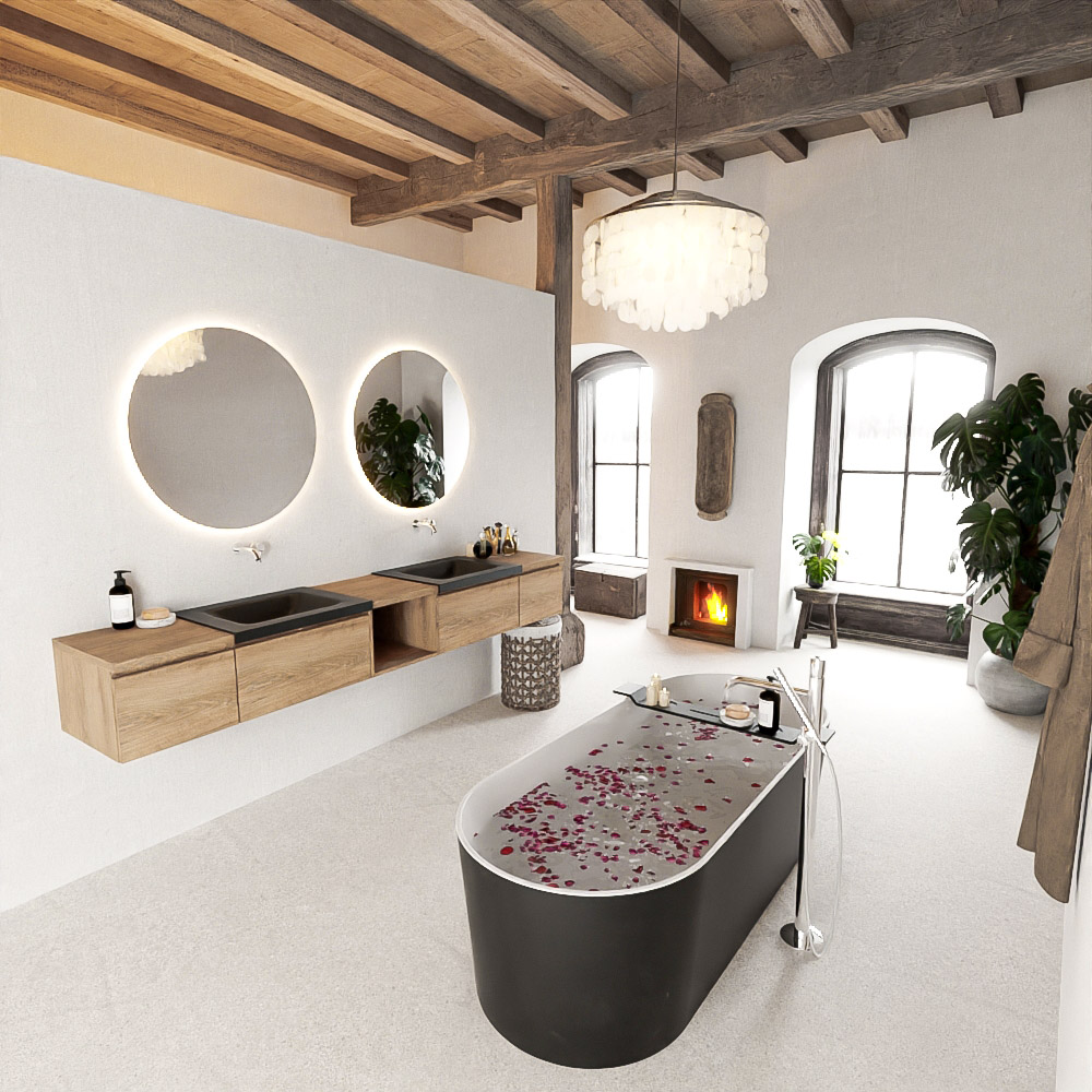 MONDIAZ BUKLA 240cm mueble de baño con módulo abierto 40 centro Washed Oak 4 cajones. Lavabo CLOUD duble sin orificios color Urban 2 MONDIAZ BUKLA 240cm mueble de baño con módulo abierto 40 centro Washed Oak 4 cajones. Lavabo CLOUD duble sin orificios color Urban - Imagen 2