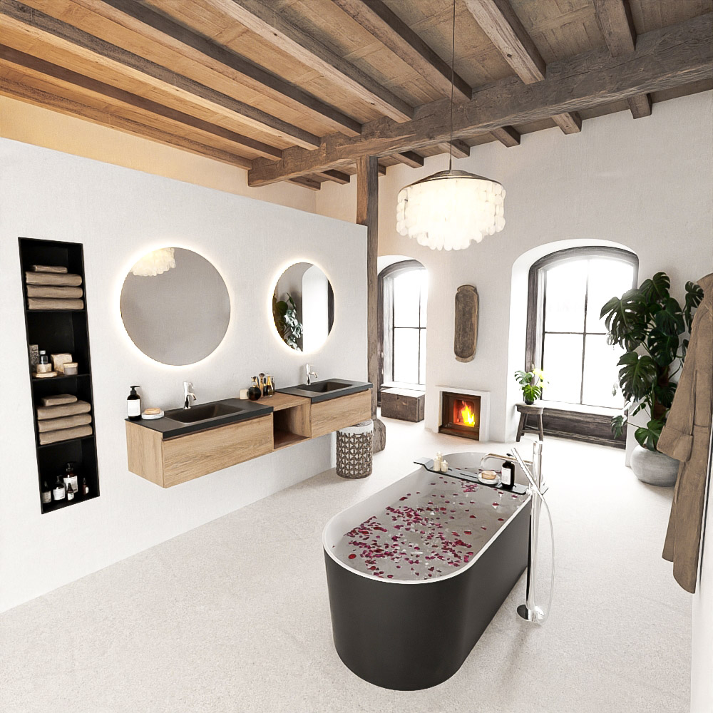 MONDIAZ BUKLA 200cm mueble de baño con módulo abierto 40 Washed Oak 2 cajones. Lavabo CLOUD duble 2 orificios color Urban 2 MONDIAZ BUKLA 200cm mueble de baño con módulo abierto 40 Washed Oak 2 cajones. Lavabo CLOUD duble 2 orificios color Urban - Imagen 2