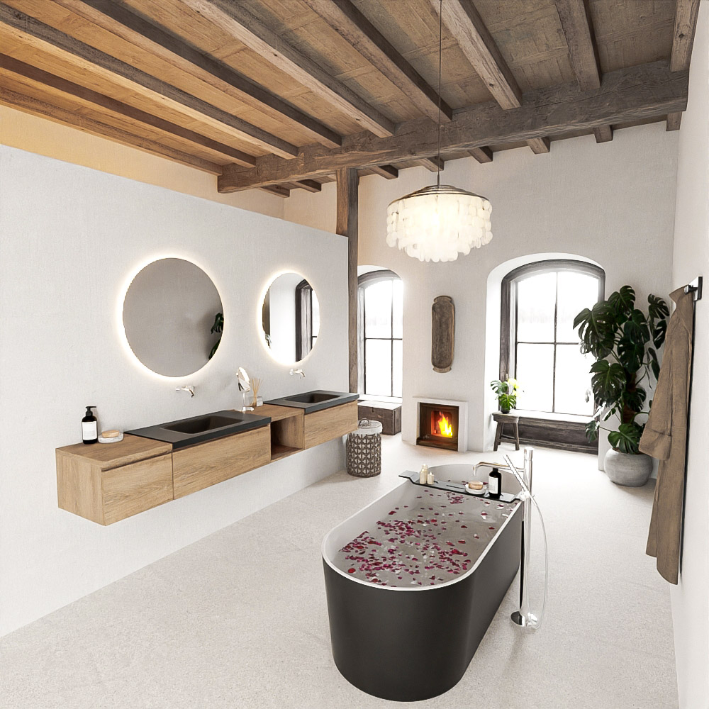 MONDIAZ BUKLA 240cm mueble de baño con módulo abierto 40 derecho Washed Oak 3 cajones. Lavabo CLOUD duble sin orificios color Urban 2 MONDIAZ BUKLA 240cm mueble de baño con módulo abierto 40 derecho Washed Oak 3 cajones. Lavabo CLOUD duble sin orificios color Urban - Imagen 2
