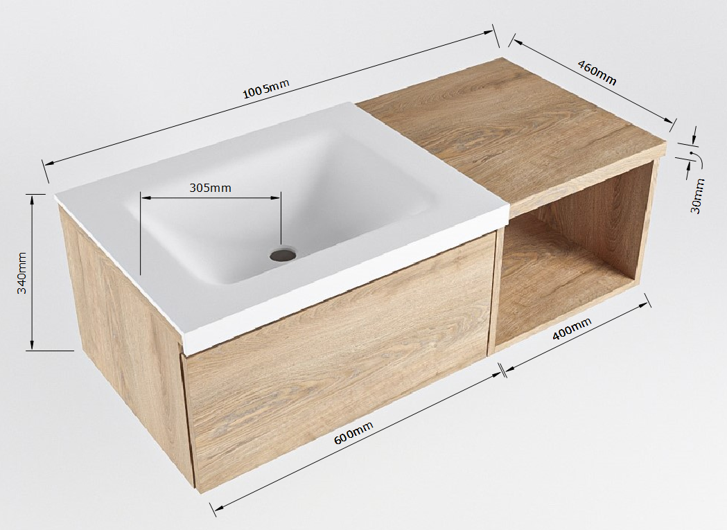 MONDIAZ BUKLA 100cm mueble de baño con módulo abierto 40 Washed Oak 1 cajón. Lavabo CLOUD izquierda 1 orificio color Urban 8 MONDIAZ BUKLA 100cm mueble de baño con módulo abierto 40 Washed Oak 1 cajón. Lavabo CLOUD izquierda 1 orificio color Urban - Imagen 8