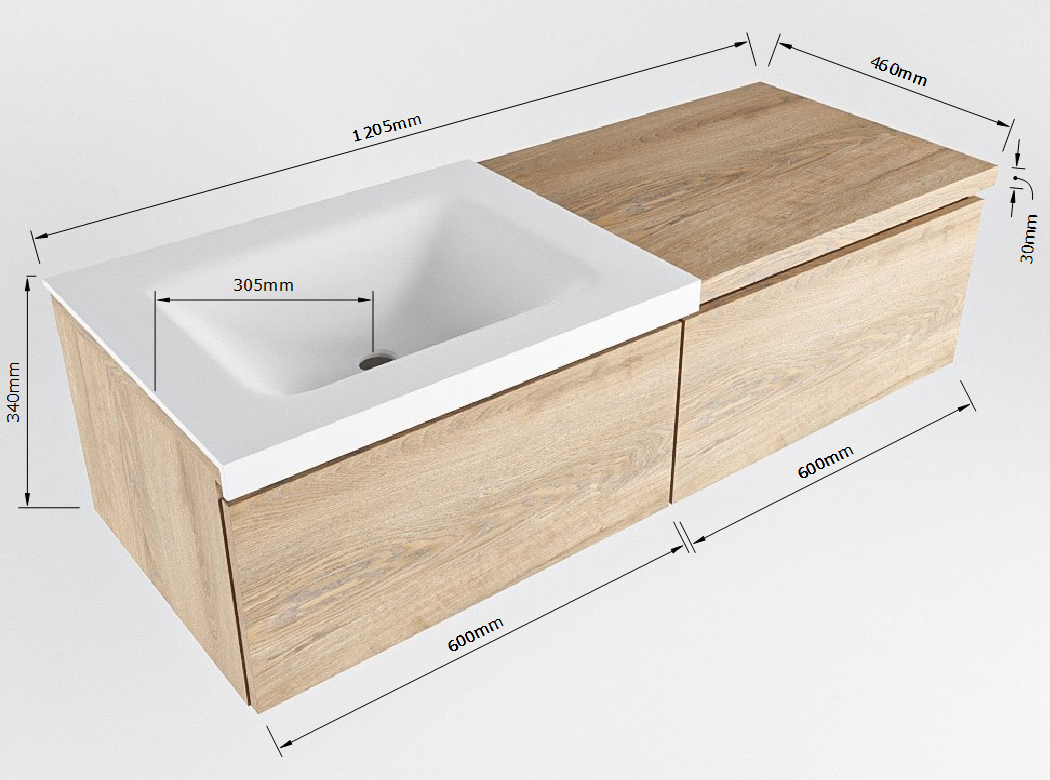 MONDIAZ BUKLA 120cm mueble de baño con módulo 60 Washed Oak 2 cajones. Lavabo CLOUD izquierda sin orificios color Urban 8 MONDIAZ BUKLA 120cm mueble de baño con módulo 60 Washed Oak 2 cajones. Lavabo CLOUD izquierda sin orificios color Urban - Imagen 8