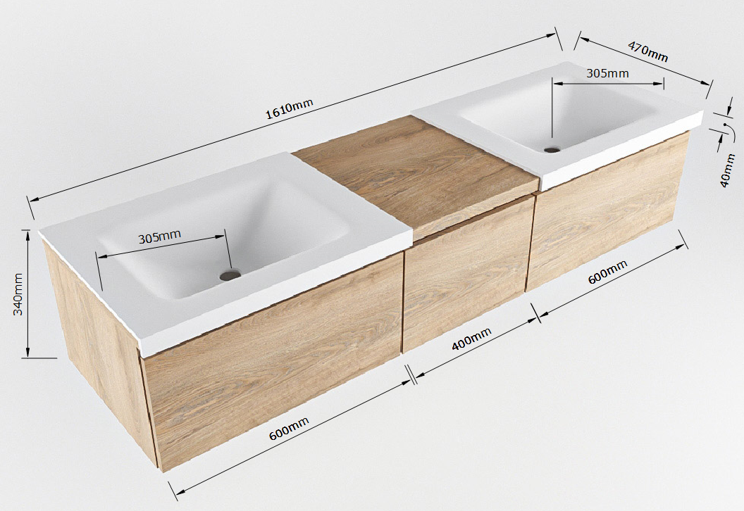 MONDIAZ BUKLA 160cm mueble de baño con módulo 40 Washed Oak 3 cajones. Lavabo CLOUD duble sin orificios color Talc 8 MONDIAZ BUKLA 160cm mueble de baño con módulo 40 Washed Oak 3 cajones. Lavabo CLOUD duble sin orificios color Talc - Imagen 8
