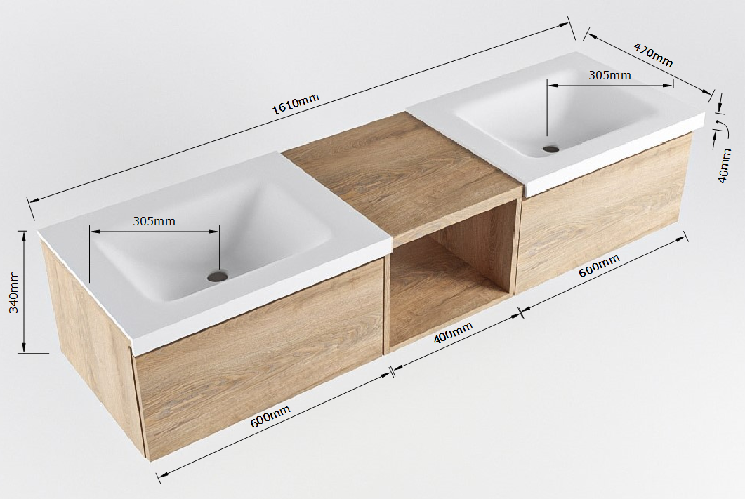 MONDIAZ BUKLA 160cm mueble de baño con módulo abierto 40 Washed Oak 2 cajones. Lavabo CLOUD duble 2 orificios color Talc 8 MONDIAZ BUKLA 160cm mueble de baño con módulo abierto 40 Washed Oak 2 cajones. Lavabo CLOUD duble 2 orificios color Talc - Imagen 8