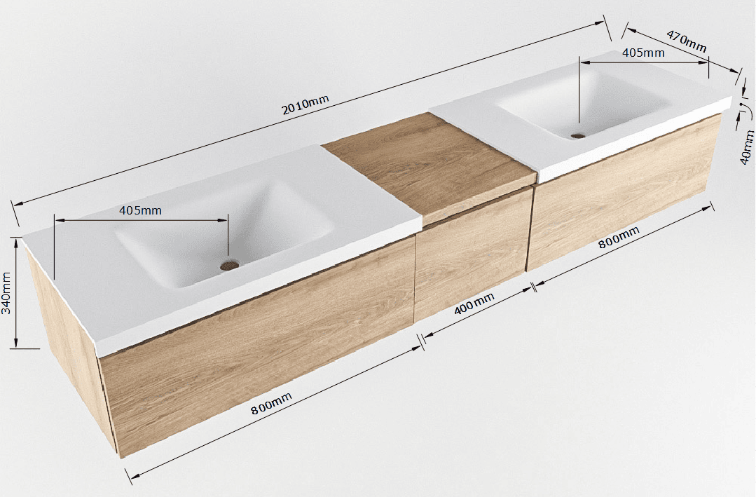 MONDIAZ BUKLA 200cm mueble de baño con módulo 40 Washed Oak 3 cajones. Lavabo CLOUD duble 2 orificios color Talc 8 MONDIAZ BUKLA 200cm mueble de baño con módulo 40 Washed Oak 3 cajones. Lavabo CLOUD duble 2 orificios color Talc - Imagen 8