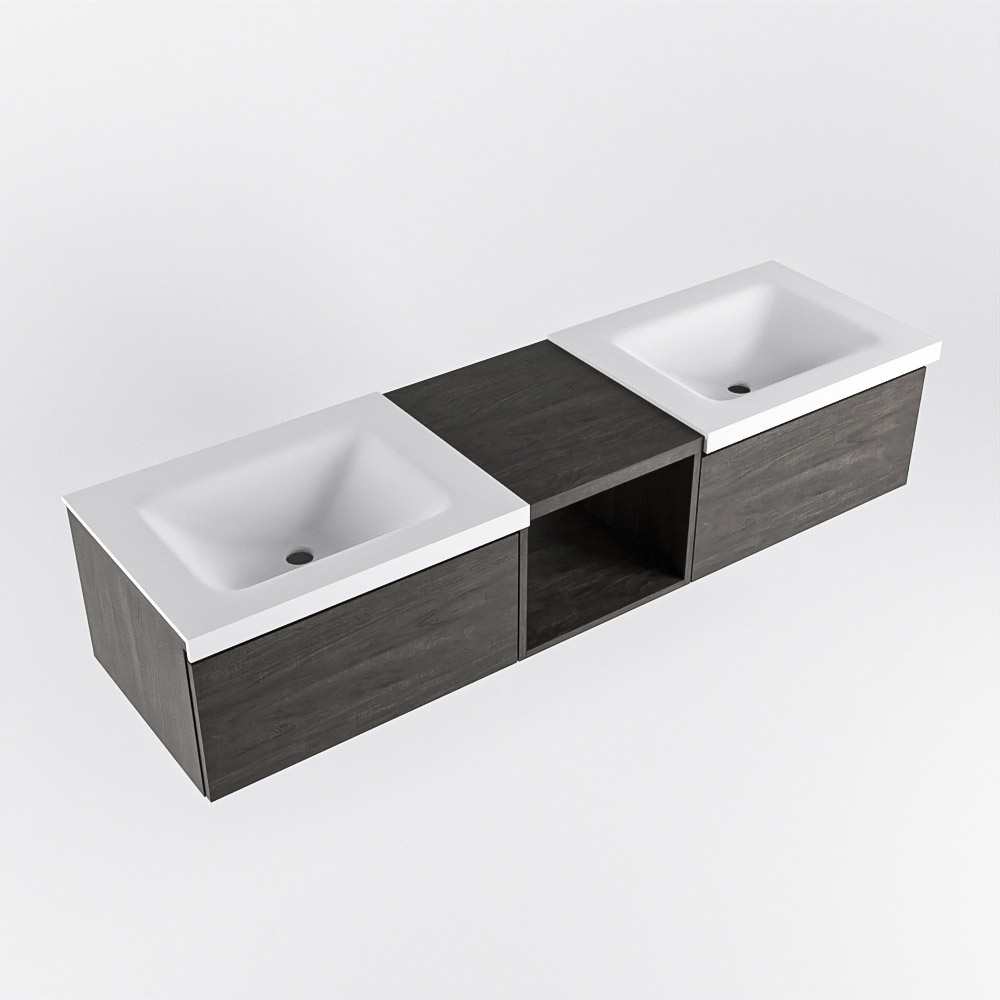 MONDIAZ BUKLA 160cm mueble de baño con módulo abierto 40 Dark Brown 2 cajones. Lavabo CLOUD duble 2 orificios color Talc 5 MONDIAZ BUKLA 160cm mueble de baño con módulo abierto 40 Dark Brown 2 cajones. Lavabo CLOUD duble 2 orificios color Talc - Imagen 5