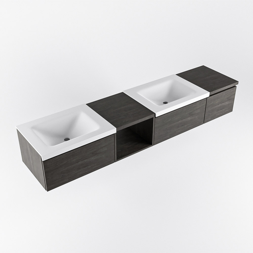 MONDIAZ BUKLA 200cm mueble de baño con módulo abierto 40 izquierda Dark Brown 3 cajones. Lavabo CLOUD duble 2 orificios color Talc 5 MONDIAZ BUKLA 200cm mueble de baño con módulo abierto 40 izquierda Dark Brown 3 cajones. Lavabo CLOUD duble 2 orificios color Talc - Imagen 5