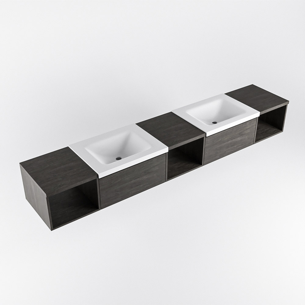 MONDIAZ BUKLA 240cm mueble de baño con módulo abierto 40 izquierda + centro + derecho Dark Brown 2 cajones. Lavabo CLOUD duble 2 orificios color Talc 5 MONDIAZ BUKLA 240cm mueble de baño con módulo abierto 40 izquierda + centro + derecho Dark Brown 2 cajones. Lavabo CLOUD duble 2 orificios color Talc - Imagen 5