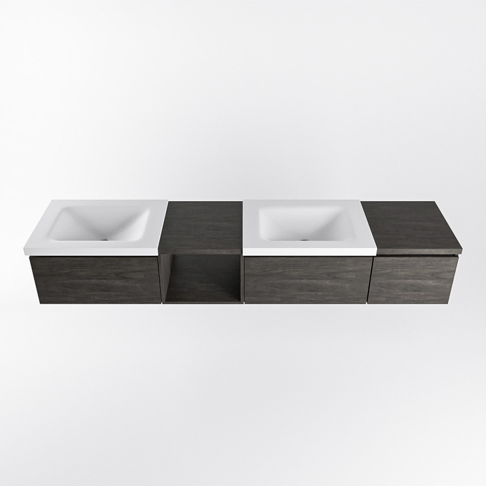 MONDIAZ BUKLA 200cm mueble de baño con módulo abierto 40 izquierda Dark Brown 3 cajones. Lavabo CLOUD duble 2 orificios color Talc 6 MONDIAZ BUKLA 200cm mueble de baño con módulo abierto 40 izquierda Dark Brown 3 cajones. Lavabo CLOUD duble 2 orificios color Talc - Imagen 6