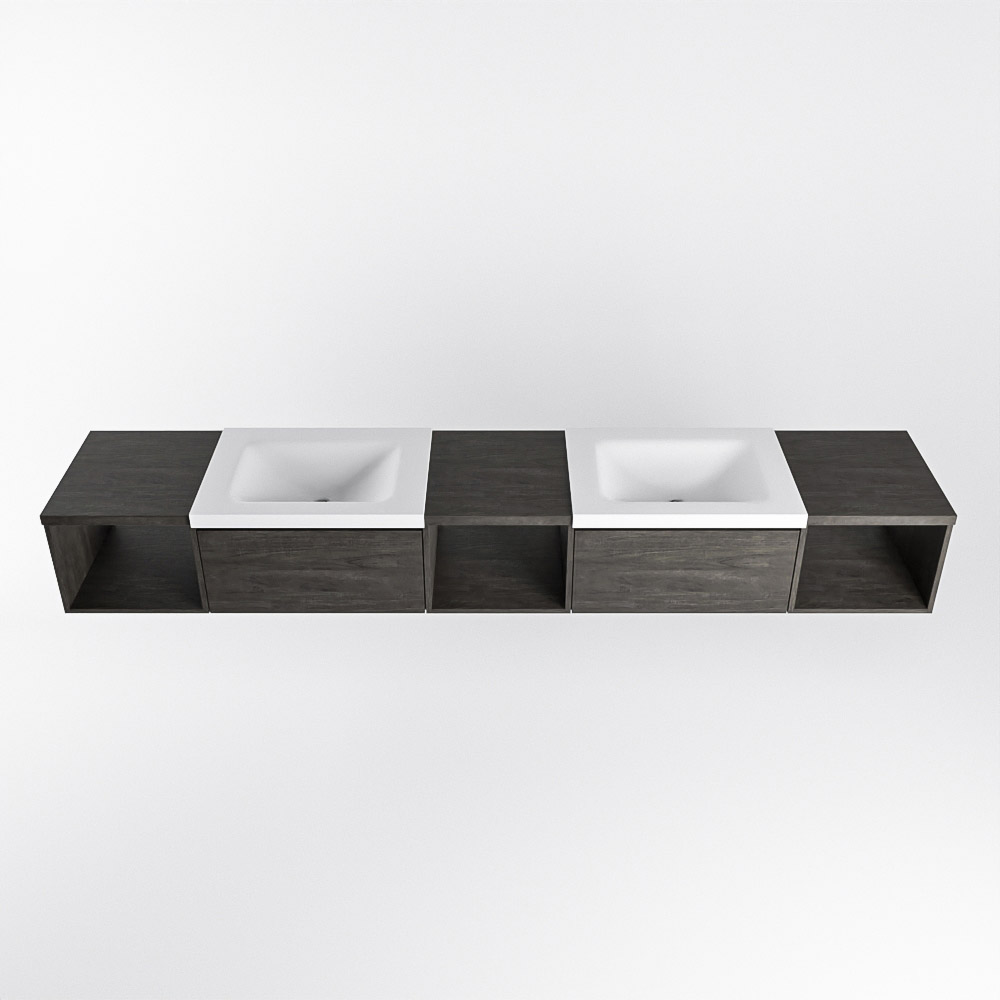 MONDIAZ BUKLA 240cm mueble de baño con módulo abierto 40 izquierda + centro + derecho Dark Brown 2 cajones. Lavabo CLOUD duble 2 orificios color Talc 6 MONDIAZ BUKLA 240cm mueble de baño con módulo abierto 40 izquierda + centro + derecho Dark Brown 2 cajones. Lavabo CLOUD duble 2 orificios color Talc - Imagen 6