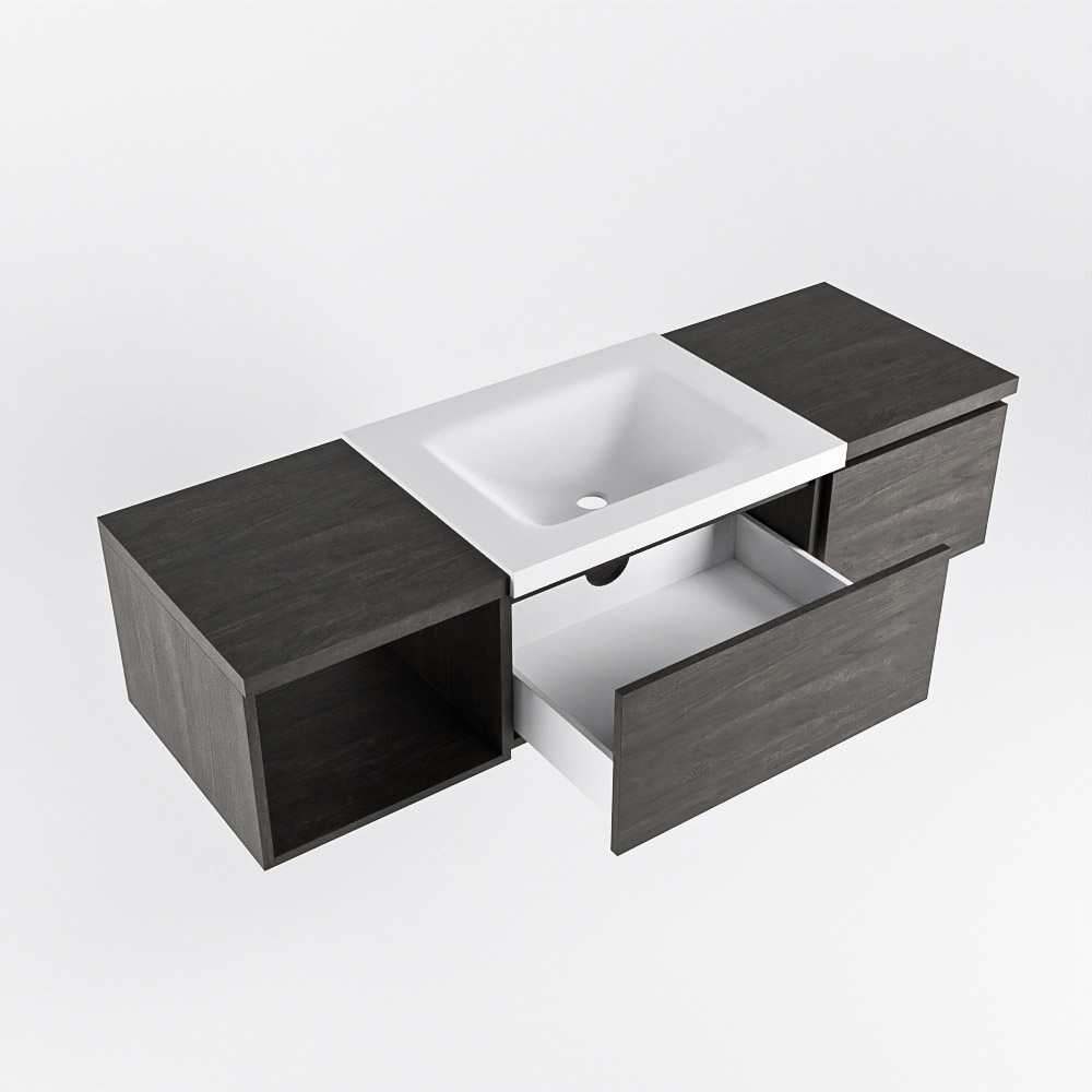 MONDIAZ BUKLA 140cm mueble de baño con módulo abierto 40 izquierda Dark Brown 2 cajones. Lavabo CLOUD centro sin orificios color Talc 4 MONDIAZ BUKLA 140cm mueble de baño con módulo abierto 40 izquierda Dark Brown 2 cajones. Lavabo CLOUD centro sin orificios color Talc - Imagen 4